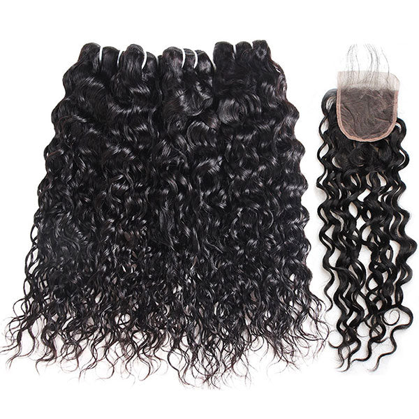 Ishow Malaysian Water Wave Virgin Human Hair 4 Bundles With Lace Closure