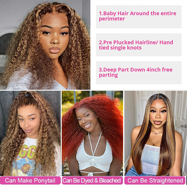 Honey Blonde Highlight Curly Hair 13x4 Lace Front Wig 30Inch Transparent Human Hair Wigs