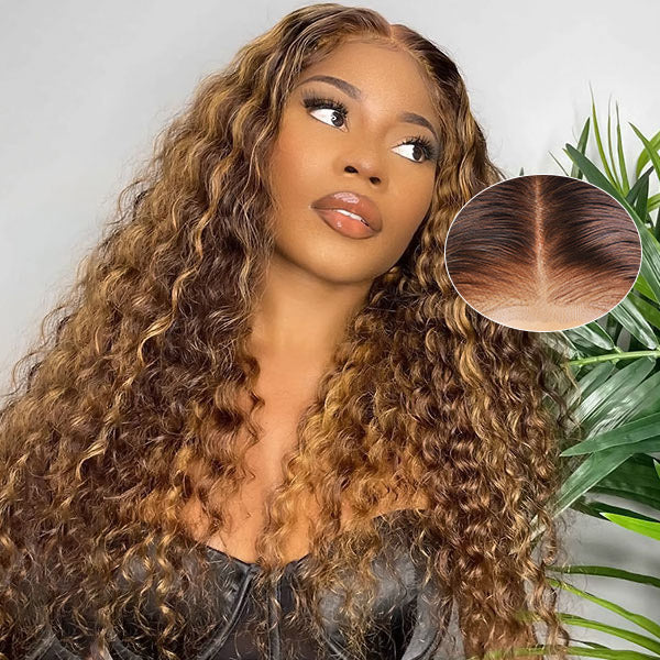 Hairsmarket Glueless Deep Wave Wigs Brown Highlight Wig Colored Human Hair Wigs 5x5 Lace Closure Wig No Glue P4/27