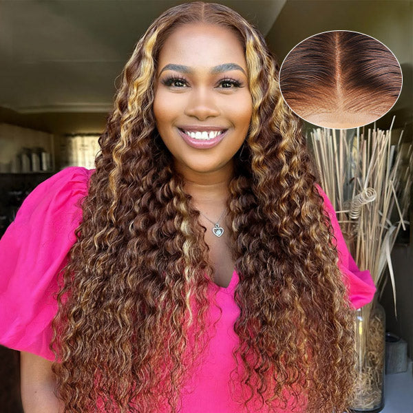 Hairsmarket Glueless Deep Wave Wigs Brown Highlight Wig Colored Human Hair Wigs 5x5 Lace Closure Wig No Glue P4/27