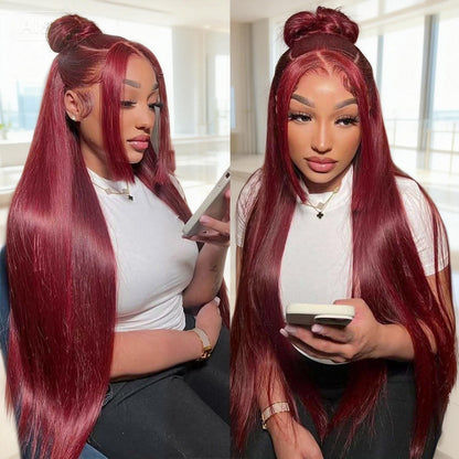 Hairsmarket 99J Burgundy Colored 13x6 Full Lace Frontal Wig Straight Body Wave Human Hair Wigs