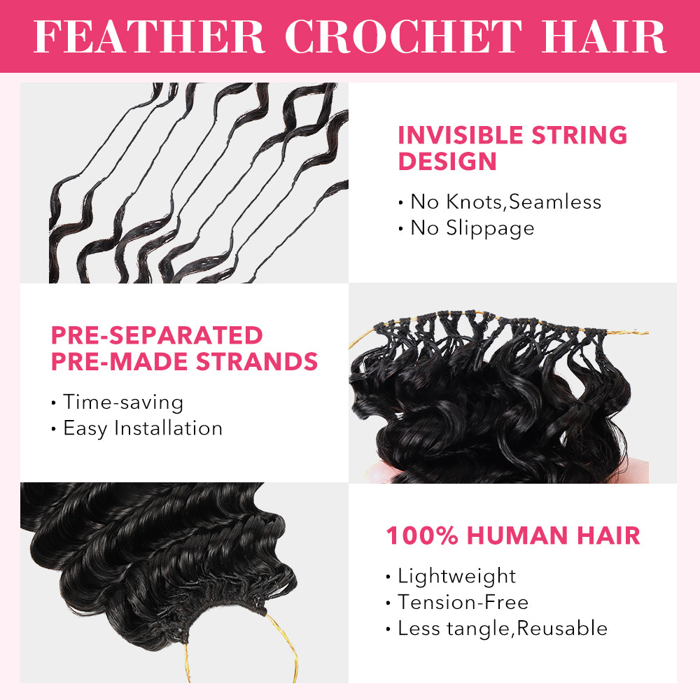 【Knotless Crochet Braids】Feather Crochet Hair Extension Deep Wave Pre-looped 100% Human Hair Protective Style