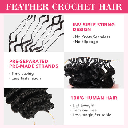 【Knotless Crochet Braids】Feather Crochet Hair Extension Deep Wave Pre-looped 100% Human Hair Protective Style