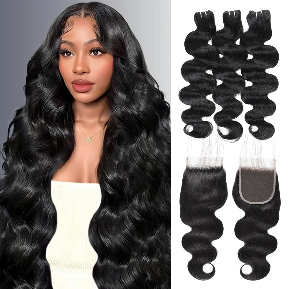 Hairsmarket 12A Body Wave Bundles With 4x4 Lace Closure Unprocessced Virgin 100% Human Hair Extensions