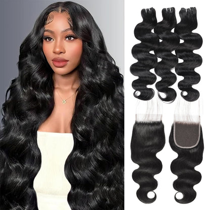 Hairsmarket 12A Body Wave Bundles With 4x4 Lace Closure Unprocessced Virgin 100% Human Hair Extensions