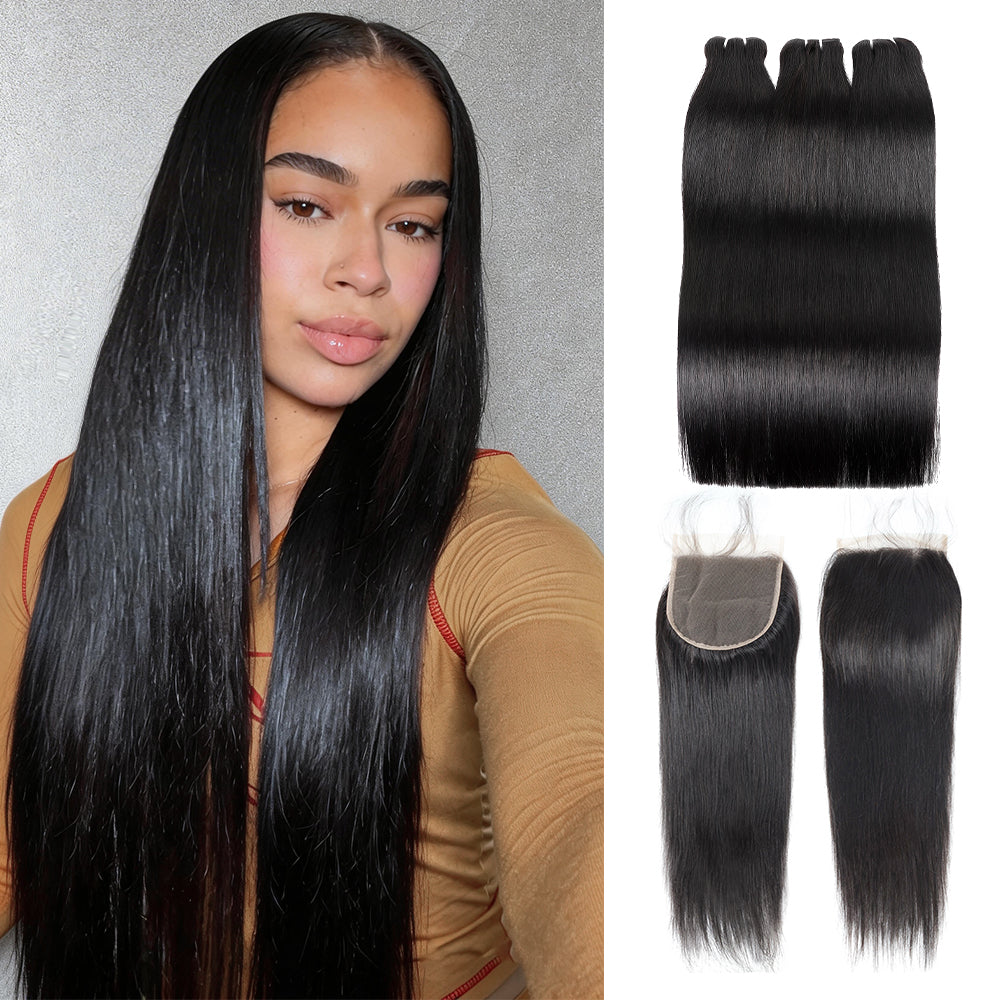 Hairsmarket 12A Straight Hair Bundles With 4x4 Lace Closure Unprocessced Virgin 100% Human Hair Extensions