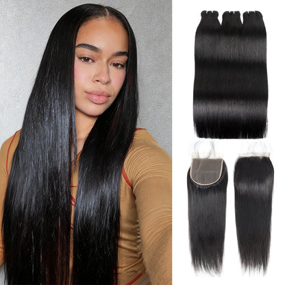 Hairsmarket 12A Straight Hair Bundles With 4x4 Lace Closure Unprocessced Virgin 100% Human Hair Extensions