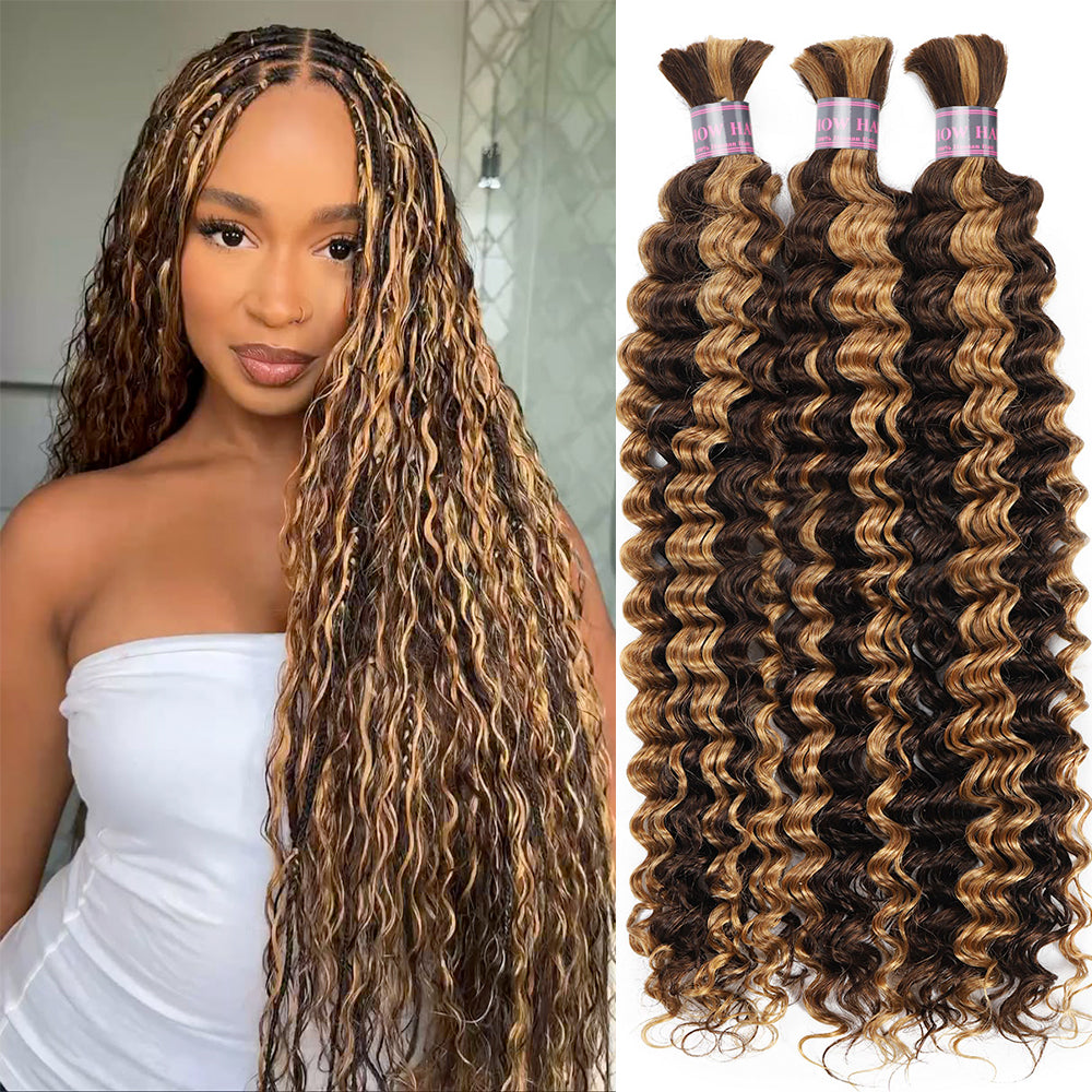 Hairsmarket Deep Wave Human Hair Bulk Braids Extension Highlight P4/27 Boho Braiding Bundles