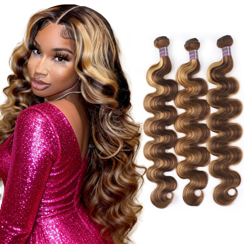 Hairsmarket Honey Blonde Highlight P4/27 Brazilian Body Wave 100% Virgin Human Hair 3 Bundles