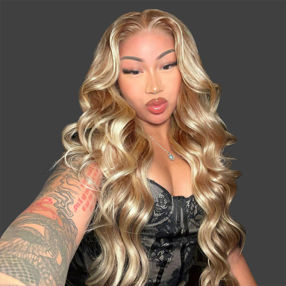 Hairsmarket P18/613 Blonde Highlight Human Hair Wigs Body Wave HD Lace Frontal Glueless Wigs