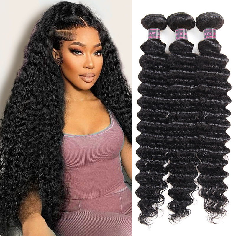 Hairsmarket Deep Wave Bundles with Closure Brazilian Hair 3 Bundles with 4x4 Lace Closure Virgin Hair Weave