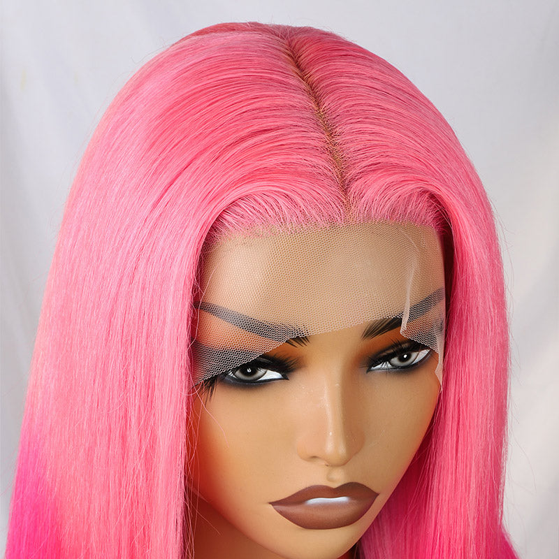 Ombre Rose Pink Straight Human Hair Lace Front Wigs HD Transparent Pre Plucked Glueless Wigs