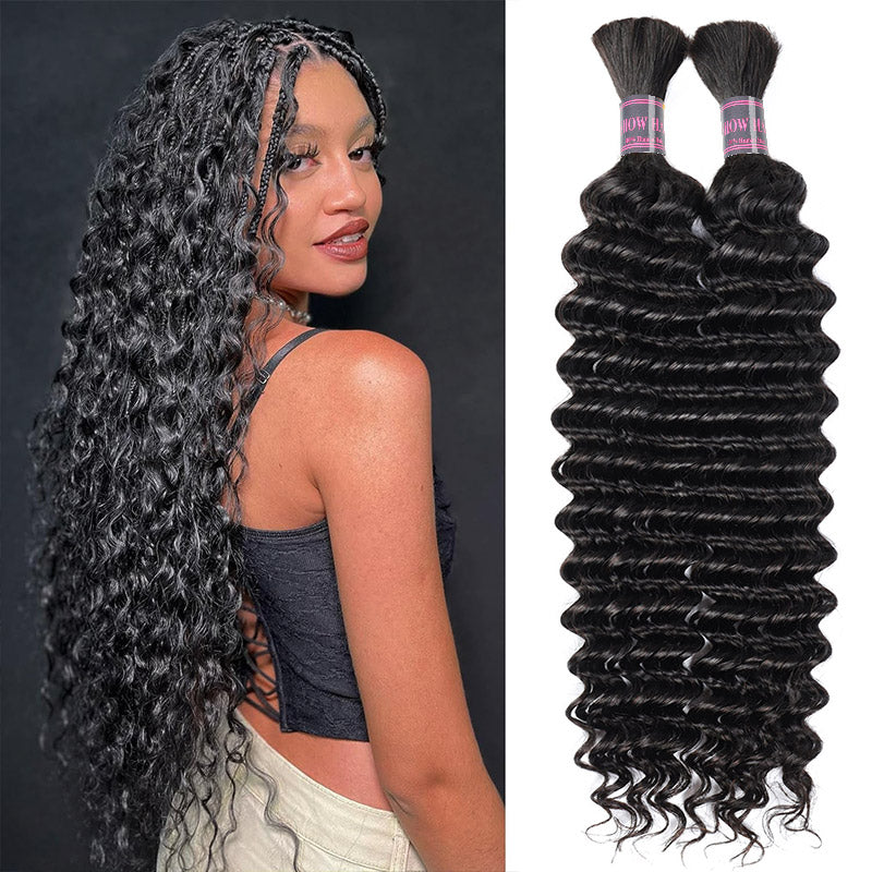Hairsmarket Deep Wave Human Boho Braiding Hair Deep Wave Bulk Human Hair 1/3/4 Bundles Hair Extensions For Braiding
