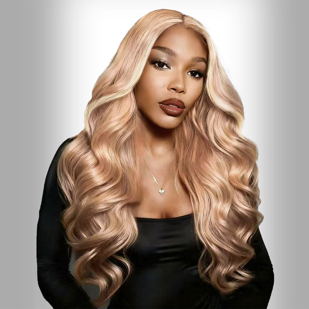 Hairsmarket Milk Tea Brown With Blonde Highlight Human Hair Wigs Body Wave Straight 13x4 Full Lace Frontal Glueless Wigs