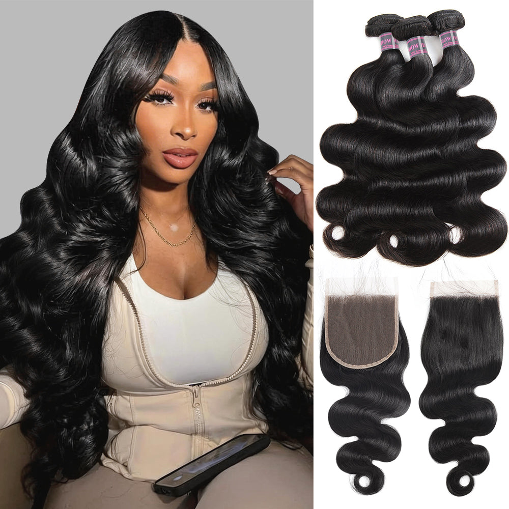 Hairsmarket Body Wave 3 Bundles with 4x4 Closure Brazilian 100% Human Hair Extensions