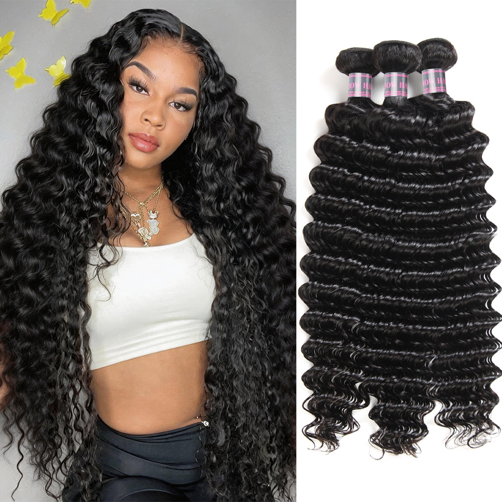 Deep Wave Human Hair Bundles Curly Hair Weaving Raw Unprocessed Double Weft Virgin Hair Extensions