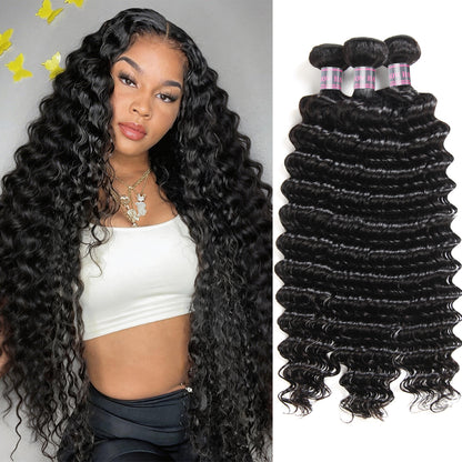 Deep Wave Human Hair Bundles Curly Hair Weaving Raw Unprocessed Double Weft Virgin Hair Extensions