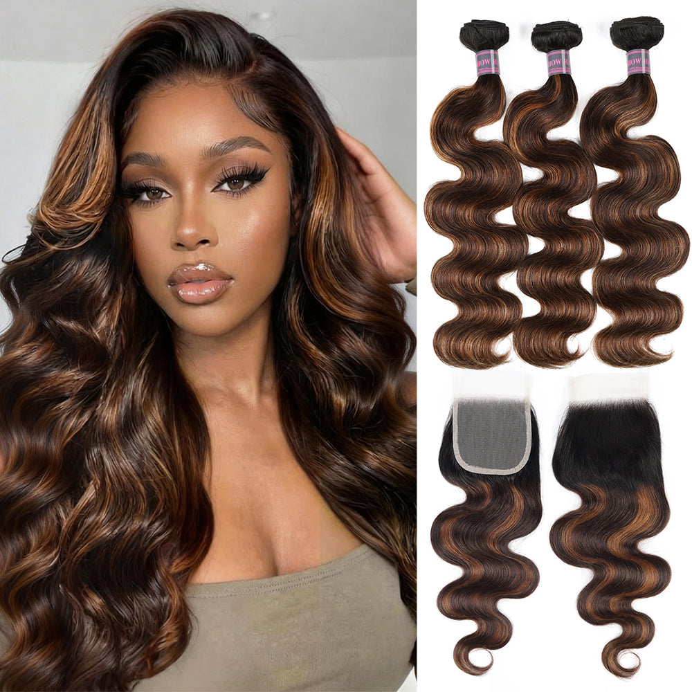 Hairsmarket T1B/4/30 Brown Balayage Highlight Human Hair 3 Bundles With Lace Closure