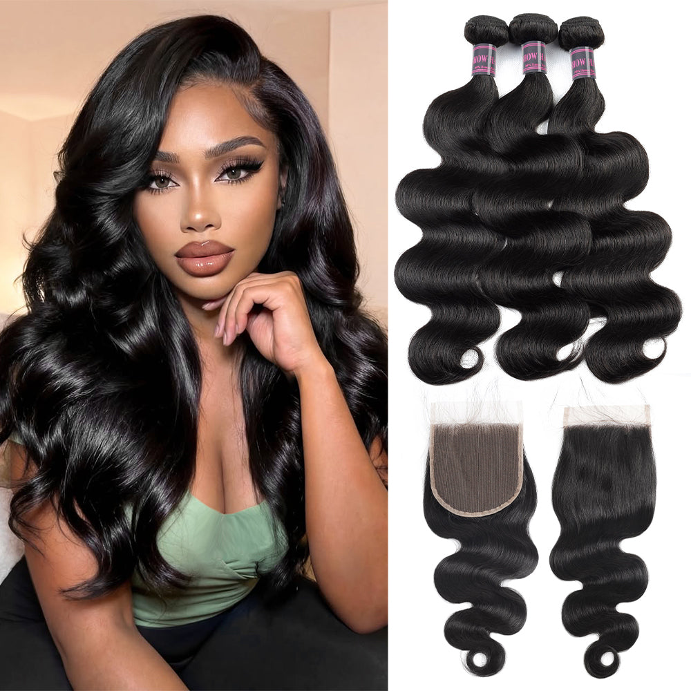 Hairsmarket Body Wave 3 Bundles with 4x4 Closure Brazilian 100% Human Hair Extensions