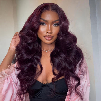 Black Cherry Color Body Wave Human Hair Wigs 13x4 Full Lace Frontal Pre-Everything Glueless Wigs