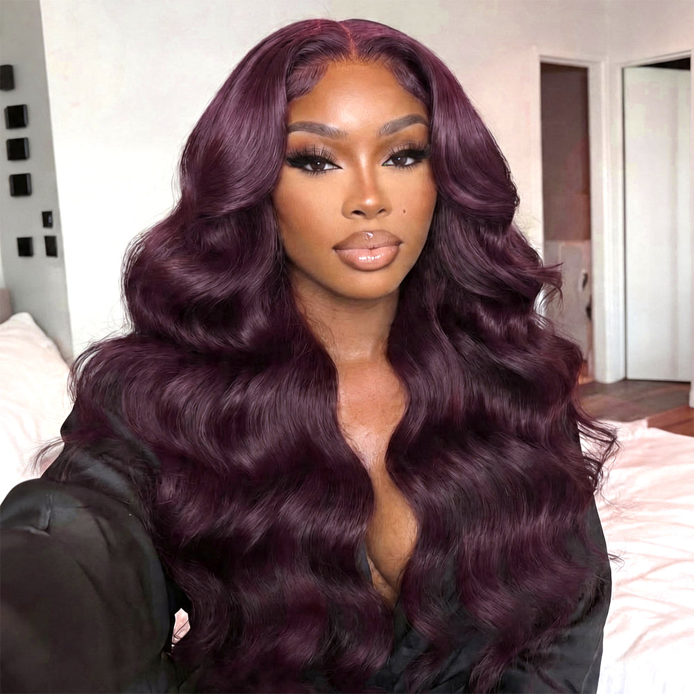 Black Cherry Color Body Wave Human Hair Wigs 13x4 Full Lace Frontal Pre-Everything Glueless Wigs