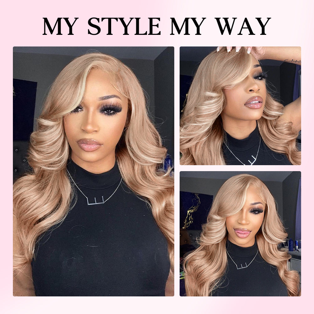 Hairsmarket Milk Tea Brown With Blonde Highlight Human Hair Wigs Body Wave Straight 13x4 Full Lace Frontal Glueless Wigs