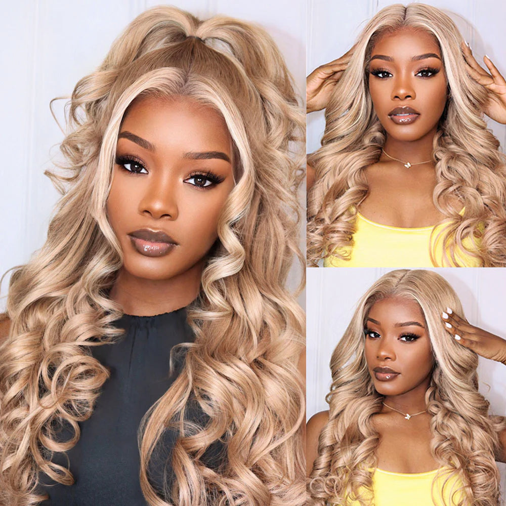 Hairsmarket Milk Tea Brown With Blonde Highlight Human Hair Wigs Body Wave Straight 13x4 Full Lace Frontal Glueless Wigs