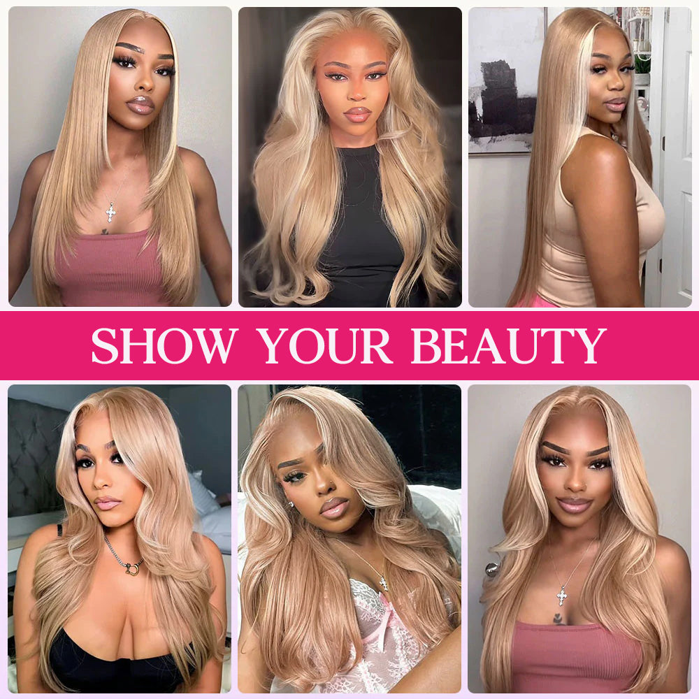 Hairsmarket Milk Tea Brown With Blonde Highlight Human Hair Wigs Body Wave Straight 13x4 Full Lace Frontal Glueless Wigs