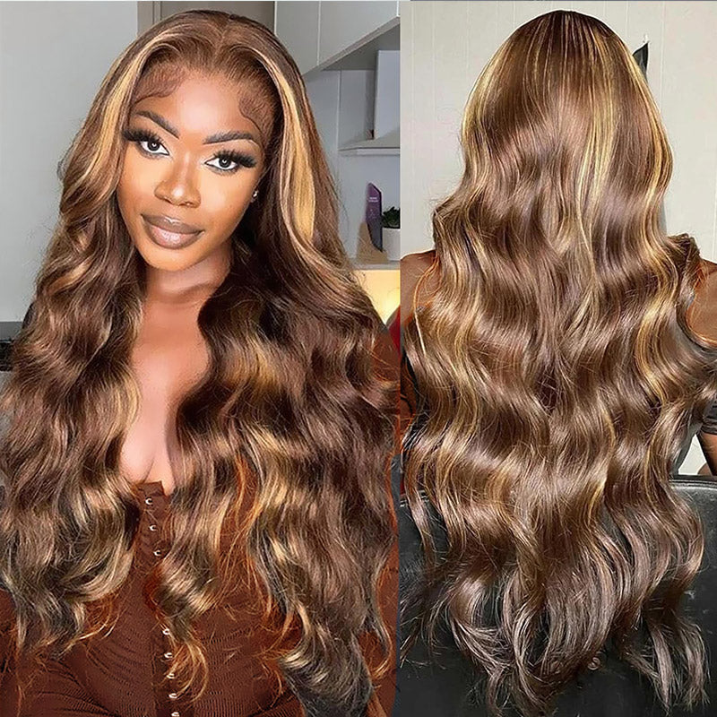 Balayage Highlight Glueless Wigs Honey Blonde Body Wave Wigs 13x4 Lace Front Wigs P4/27