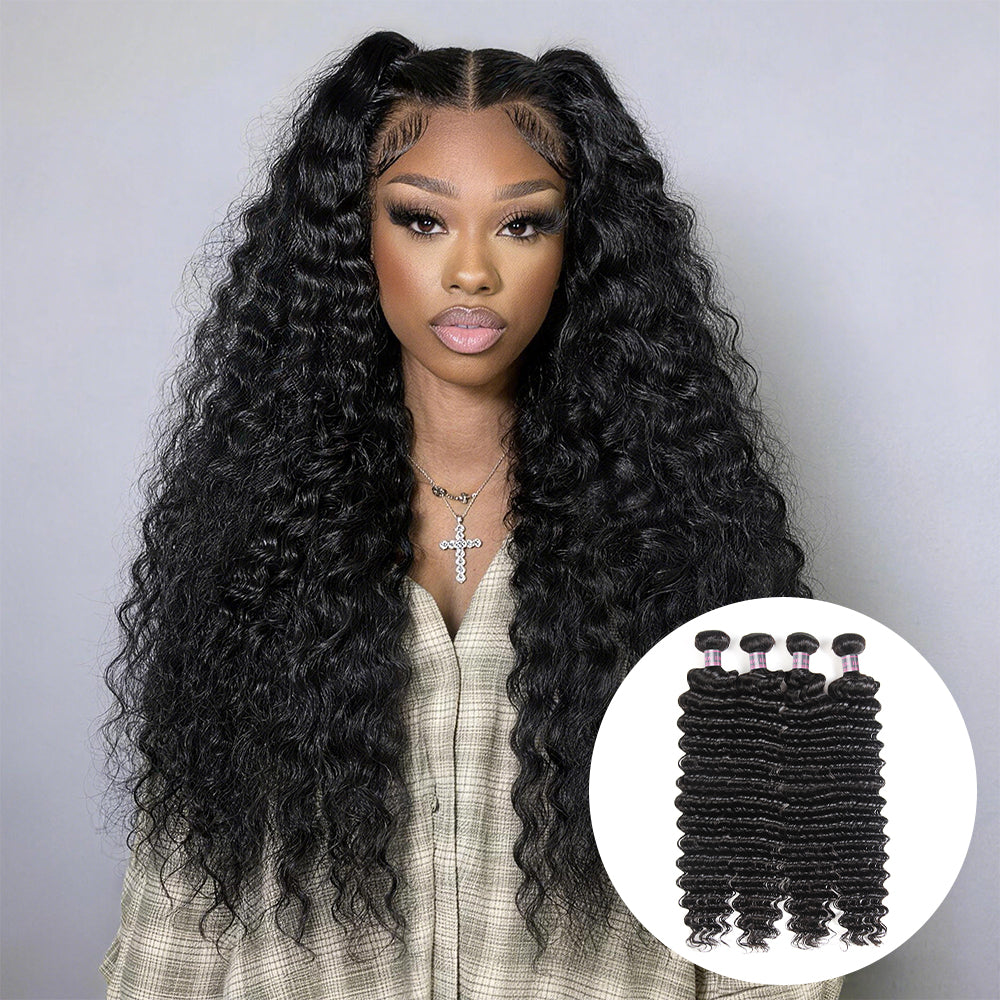 Hairsmarket Brazilian Deep Wave Bundles Deep Curly Human Hair Extensions 4 Bundles