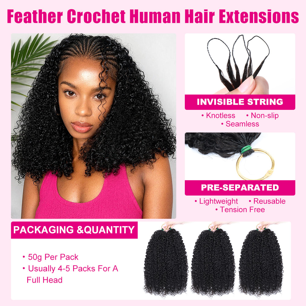 Feather Crochet Hair Extension Kinky Curly Pre-looped 100% Human Hair Protective Style 60g