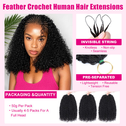 Feather Crochet Hair Extension Kinky Curly Pre-looped 100% Human Hair Protective Style 60g