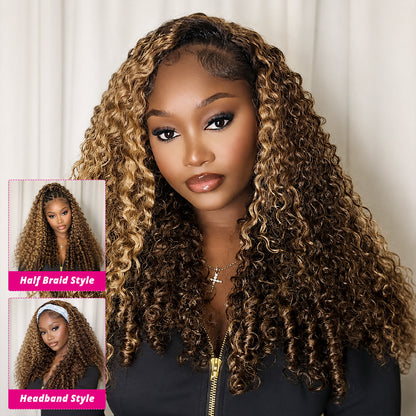 Hairsmarket Burmese Curly Ready To Wear Glueless Half Wig Install With Elastic Drawstring P4/27 Color /Natural Black Color