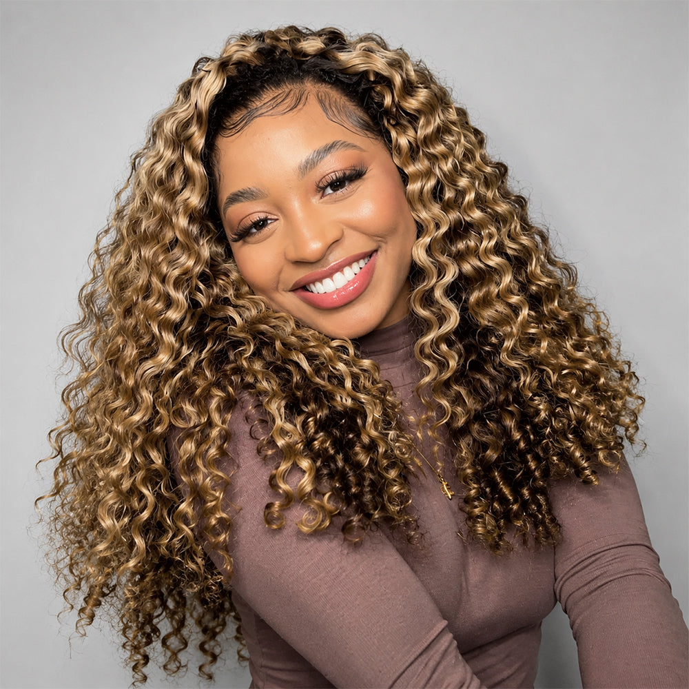 Hairsmarket Burmese Curly Ready To Wear Glueless Half Wig Install With Elastic Drawstring P4/27 Color /Natural Black Color