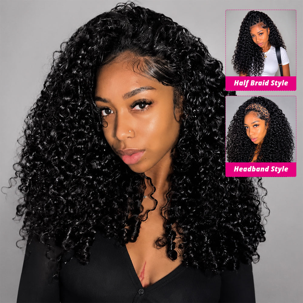 Hairsmarket Burmese Curly Ready To Wear Glueless Half Wig Install With Elastic Drawstring P4/27 Color /Natural Black Color