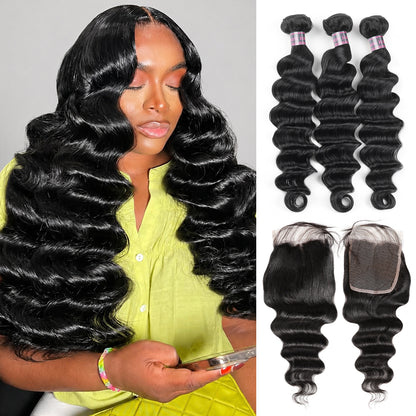 Hairsmarket Loose Deep Wave Bundles with Closure Peruvian Hair 3 Bundles with 4x4 Lace Closure Virgin Human Hair