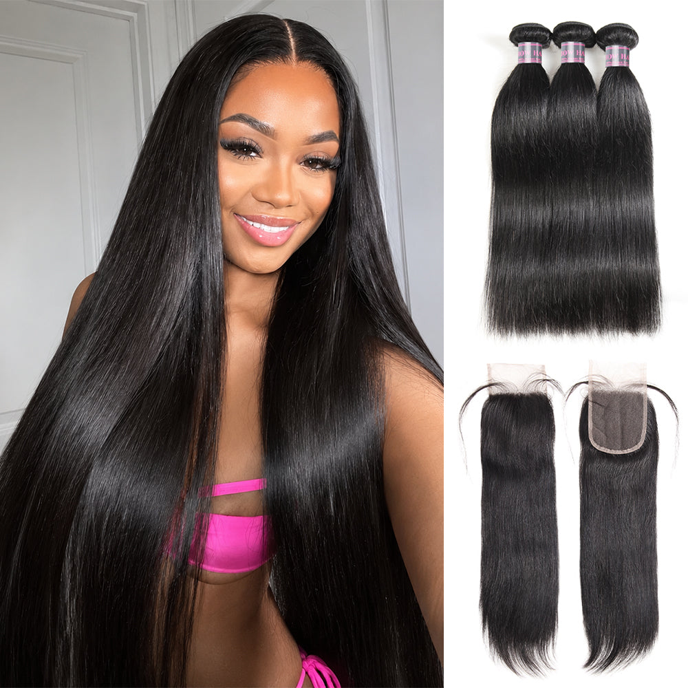 8A Virgin Human Hair Straight Hair Buy 3 Bundles Get 1 Free Lace Closure 12-20 Inch