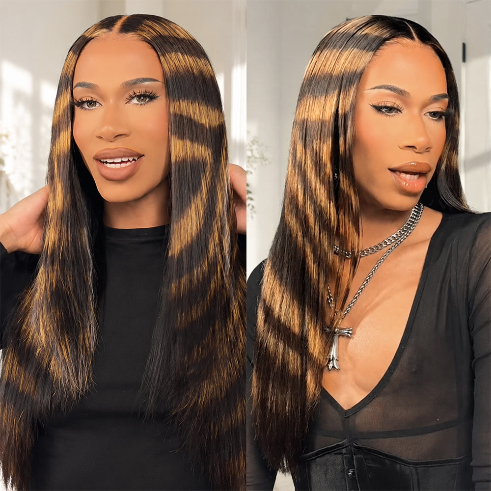 Fashion Zebra Print Highlight Wig 13x4 13x6 Full Lace Front Wig Straight Two-Tone Human Hair Wigs 180% Density