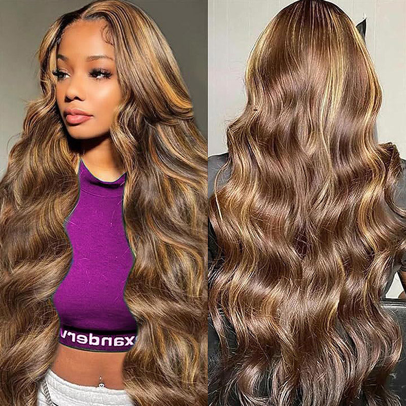 Balayage Highlight Glueless Wigs Honey Blonde Body Wave Wigs 13x4 Lace Front Wigs P4/27