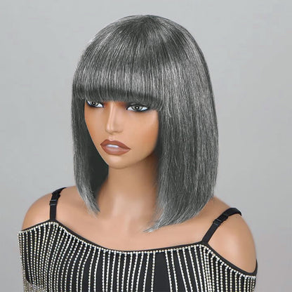 Chic Medium Silver Gray Straight Bob Wig With Bangs Real Glueless Human Hair Wigs For Older Women Salt And Pepper Wig
