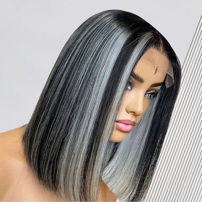 Platinum Highlight Black With Grey Bob Lace Wigs Salt And Pepper Wig 13x4 Front Bob Straight Wig