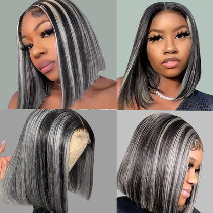 Platinum Highlight Black With Grey Bob Lace Wigs Salt And Pepper Wig 13x4 Front Bob Straight Wig