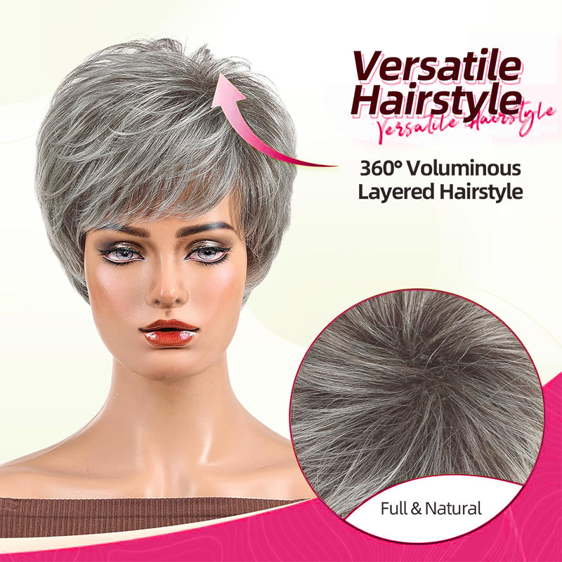 Short Grey Wigs for White Women Pixie Cut Gray Wigs with Bangs Natural Curly Short Mixed White Wig for Older Women