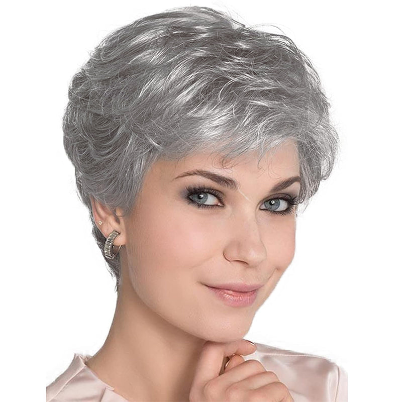 Short Grey Wigs for White Women Pixie Cut Gray Wigs with Bangs Natural Curly Short Mixed White Wig for Older Women