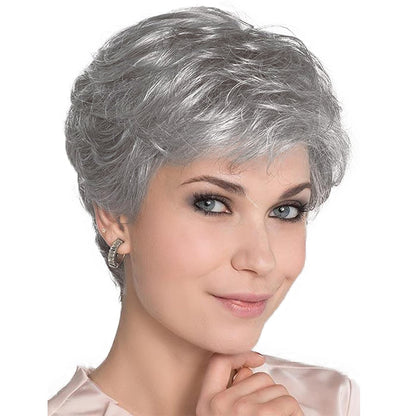 Short Grey Wigs for White Women Pixie Cut Gray Wigs with Bangs Natural Curly Synthetic Hair Short Mixed White Wig for Older Women