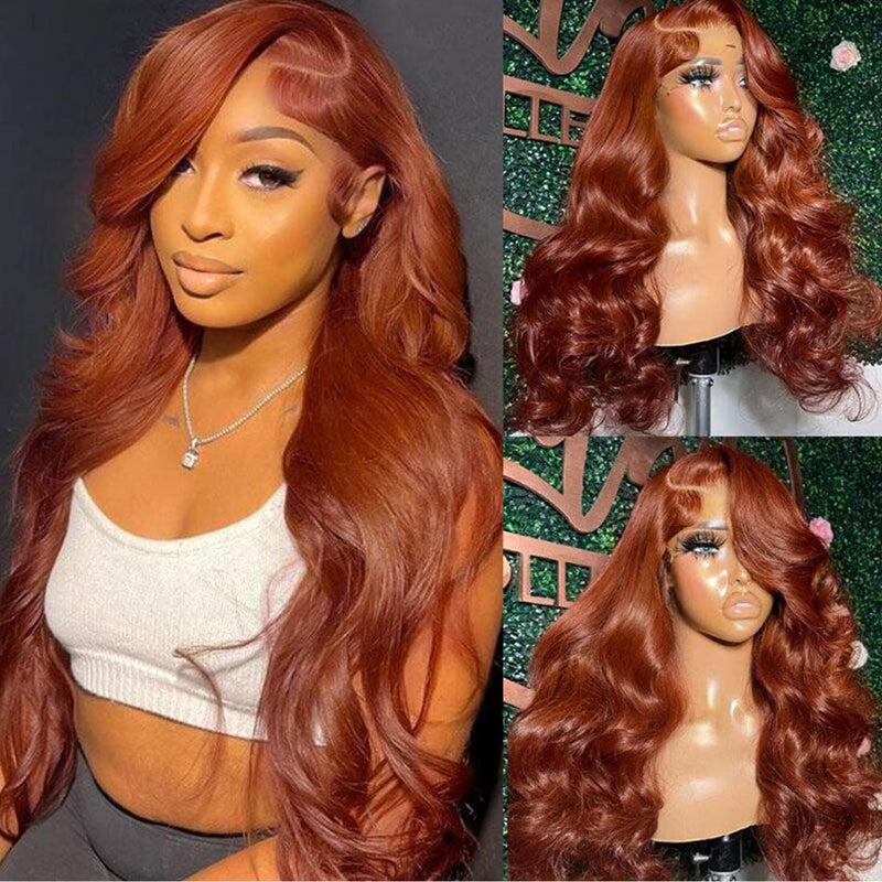 Ginger Copper Brown Colored Body wave Straight 13x4 Lace Front Human Hair Wigs Brazilian Hair Pre Plucked