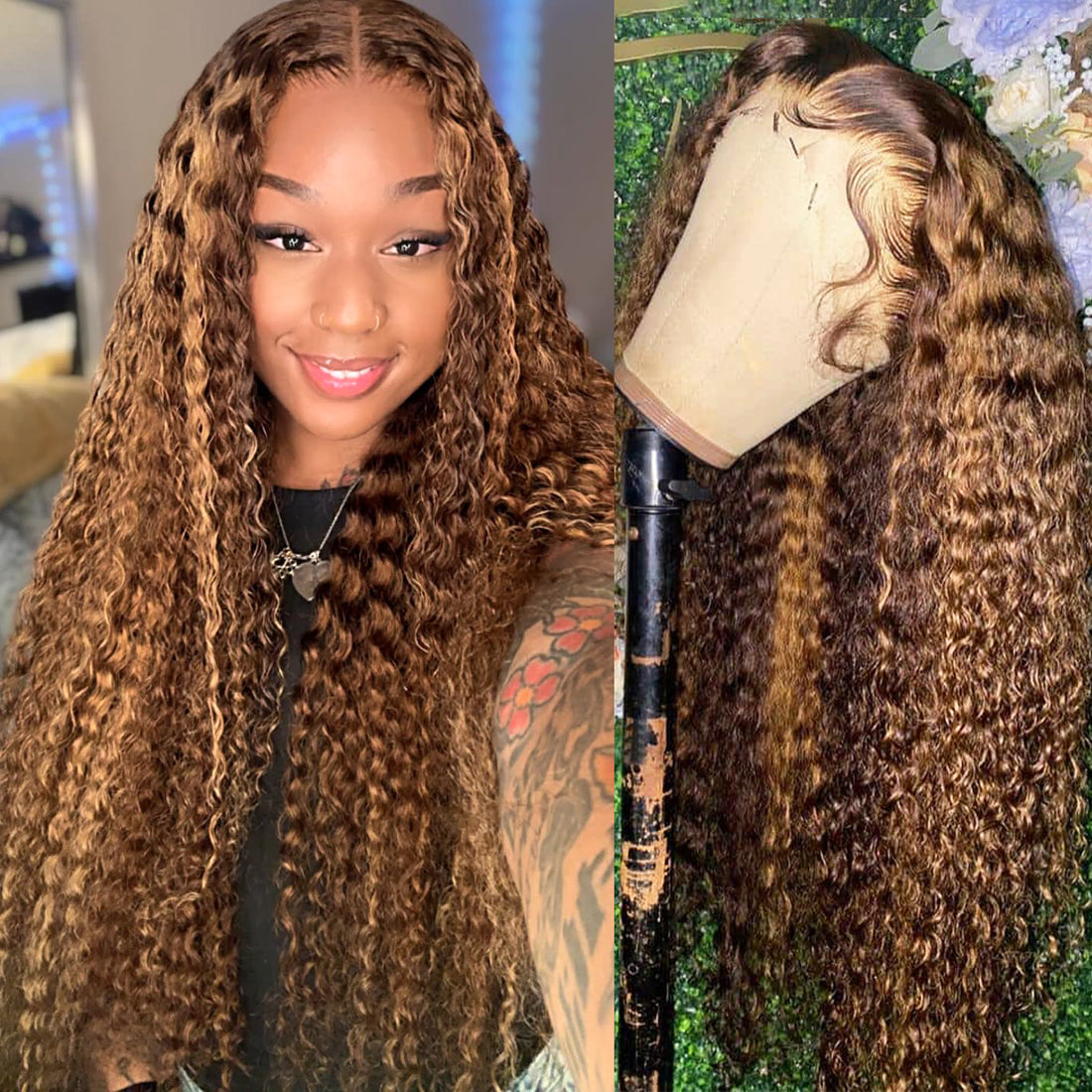 Hairsmarket Honey Blonde Highlights Wig Curly Hair 4x4 Lace Closure Wigs 180% Density HD Transparent Lace Wig