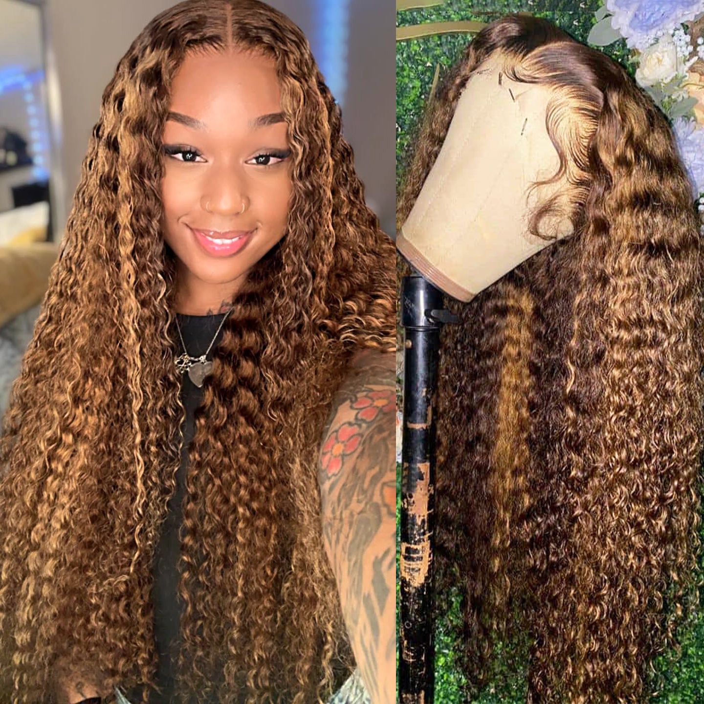 Hairsmarket Honey Blonde Highlights Wig Curly Hair 4x4 Lace Closure Wigs 180% Density HD Transparent Lace Wig