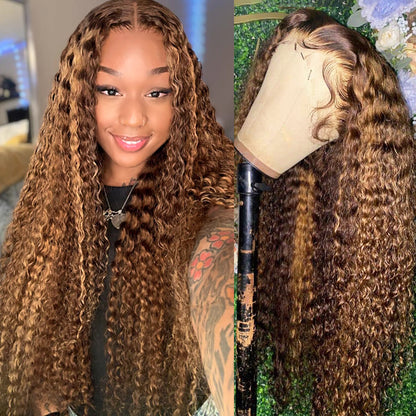 Hairsmarket Honey Blonde Highlights Wig Curly Hair 4x4 Lace Closure Wigs 180% Density HD Transparent Lace Wig