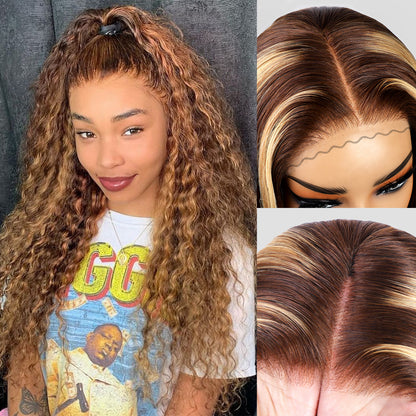 30 Inch Honey Blonde Wig with Highlights 4x4 Lace Closure Human Hair Wigs 180% Density Deep Wave Closure Wigs